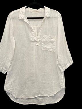 BELLA DAHL Women Pullover Roll Tab Sleeves Linen Tunic Sz L White Beach 70-6